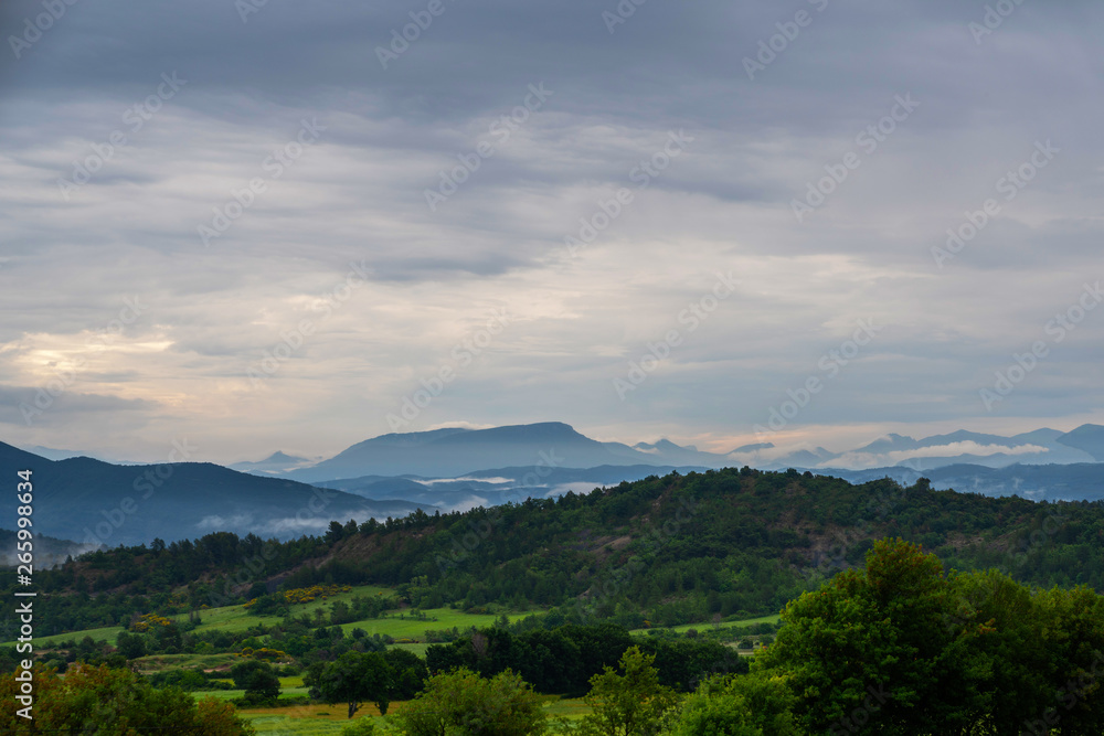 Fototapeta premium Picturesque rural landscape. Countryside of France with fresh green forest and meadow. Mountain landscape in the background. Beautiful day after a summer thunderstorm with a cloudy sky. Eco tourism.
