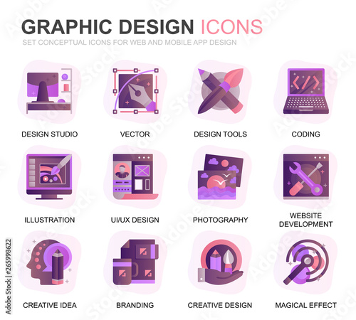 Modern Set Web and Graphic Design Gradient Flat Icons for Website and Mobile Apps. Contains such Icons as Studio, Tools, App Development, Retouching. Conceptual color flat icon. Vector pictogram pack.