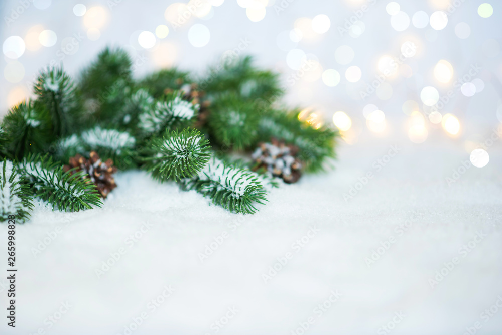 Christmas tree branches on the snow. Nature New Year or Merry Cristmas concept. Toned image with copy space. Selective focus. Christmas tree branches on the snow. Nature New Year or Merry Cristmas concept. Toned image with copy space. Selective focus.