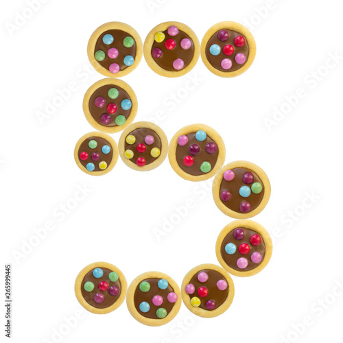 font of number 5 colorful cookies glaze, white background isolated