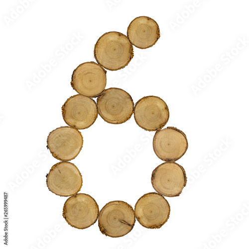 font of number 6 wooden stumps, white background isolated
