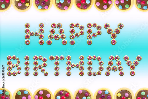 colorful cookies glaze, text word happy birthday, white background isolated