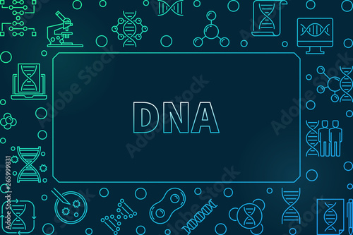 DNA horizontal colorful linear frame. Vector illustration made with deoxyribonucleic acid outline icons on dark background