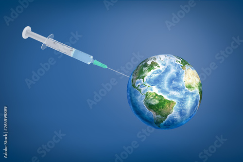 Fototapeta Naklejka Na Ścianę i Meble -  3d rendering of a huge syringe giving an injection to planet Earth on a blue background.