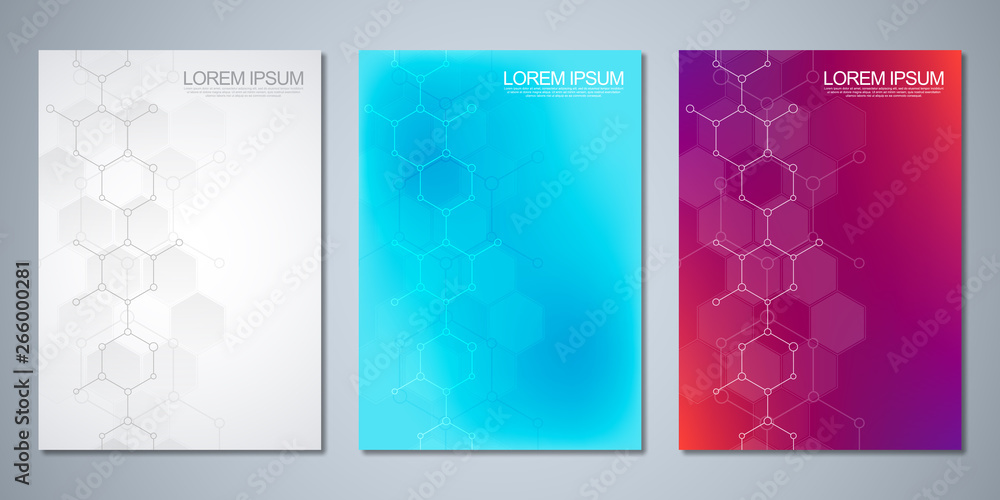 Vector templates for cover or brochure with abstract molecular background. Concepts and ideas for medical, healthcare technology, innovation medicine, science.