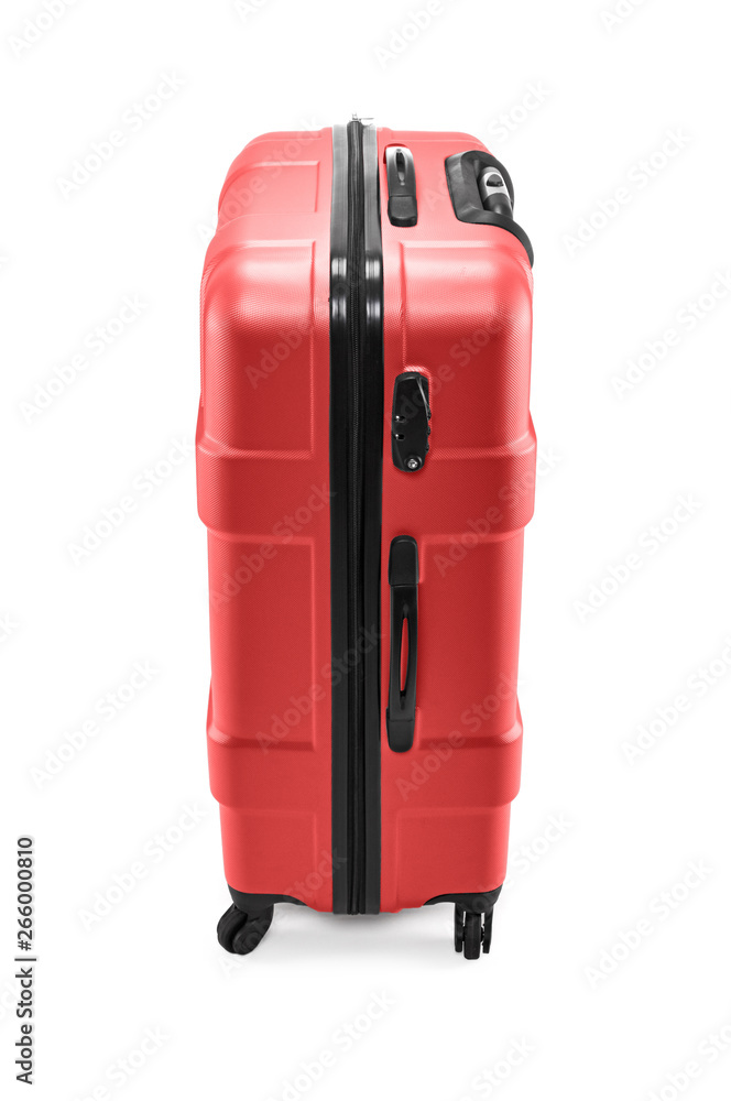 Naklejka premium Modern plastic red suitcase on wheels for business trips