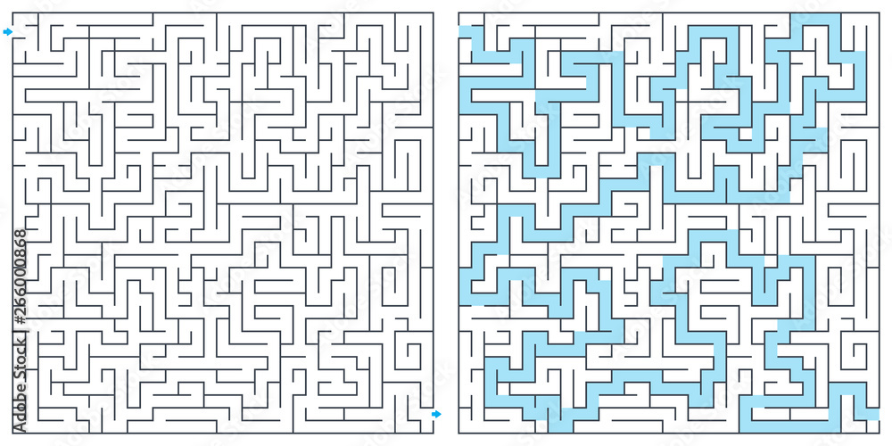Labyrinth, maze with solution vector illustration. Square maze. High quality vector.