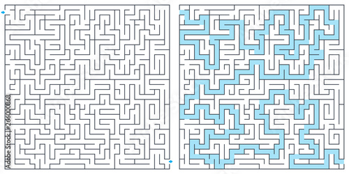 Labyrinth, maze with solution vector illustration. Square maze. High quality vector. © Vermicule design