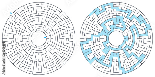 Maze, labyrinth with solution, vector illustration. Round, circular maze. High quality vector.