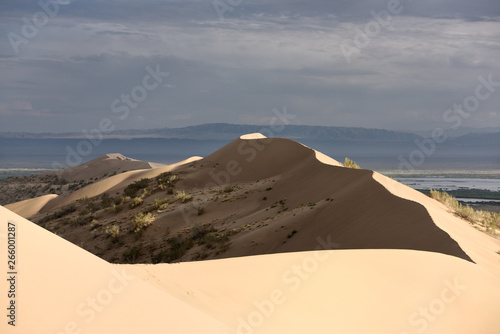 Top of barchan dunes at Singing Sand Dune Altyn Emel Park pointing south to Ili river and Violet Mountains Kazakhstan