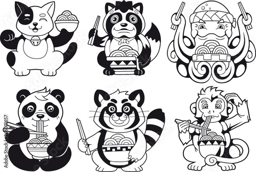 little cute animals eating ramen noodles, logo design illustration