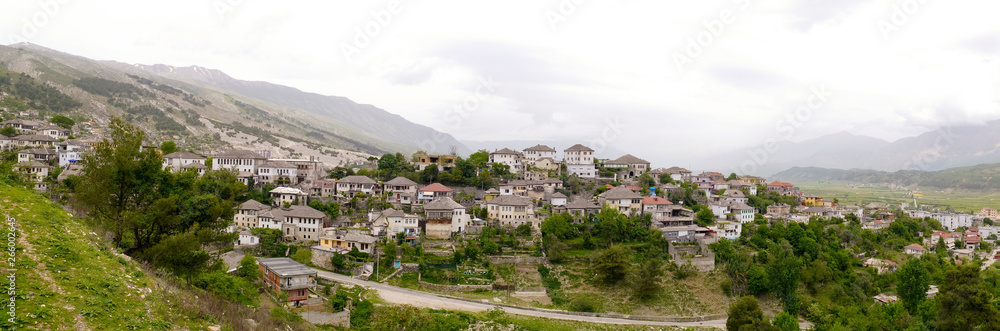 Gjirokastra or Gjirokaster, Albania. Typical architecture in the old town. Gjirokastra is a UNESCO World Heritage Site.