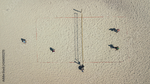 Beach volleyball top view. Sports and beach sports. Photographed from the drone. Aero photo filming
