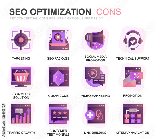 Modern Set Seo and Web Optimization Gradient Flat Icons for Website and Mobile Apps. Contains such Icons as Target, Marketing, Traffic Growth. Conceptual color flat icon. Vector pictogram pack.