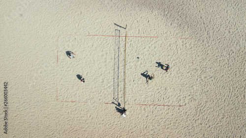 Beach volleyball top view. Sports and beach sports. Photographed from the drone. Aero photo filming