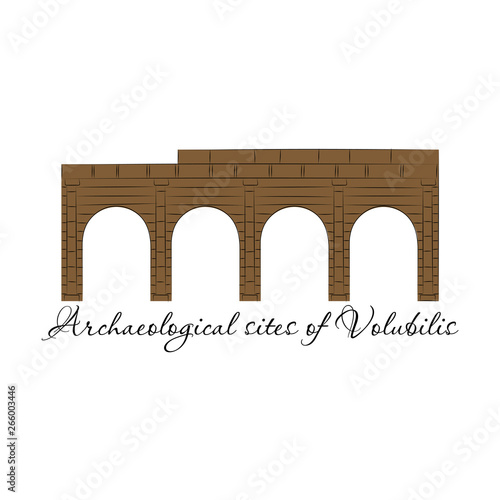 Historical landmark of Volubilis City in Morocco. Hand drawn sketch illustration in vector.
