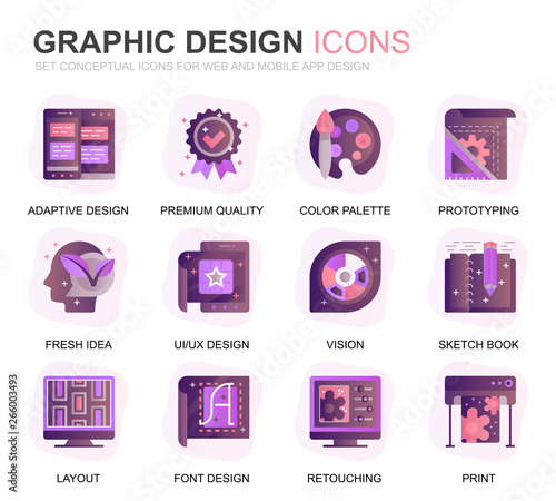Modern Set Web and Graphic Design Gradient Flat Icons for Website and Mobile Apps. Contains such Icons as Studio, Tools, App Development, Retouching. Conceptual color flat icon. Vector pictogram pack.