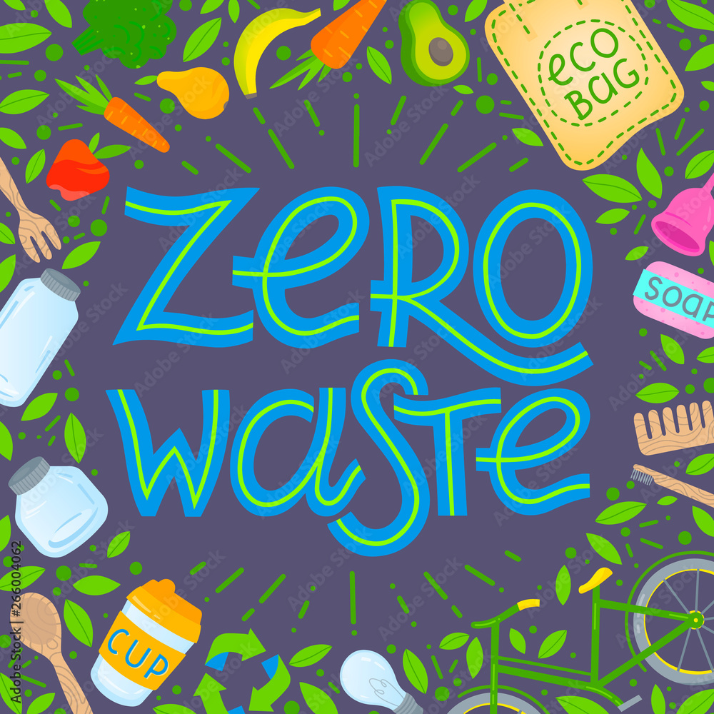 Zero waste concept.Vector illustration with hand drawn lettering,eco grocery bag,vegetables,fruits,bicycle,glass jars,wooden cutlery,comb and toothbrush,menstrual cup,thermo mug.Zero waste principals.