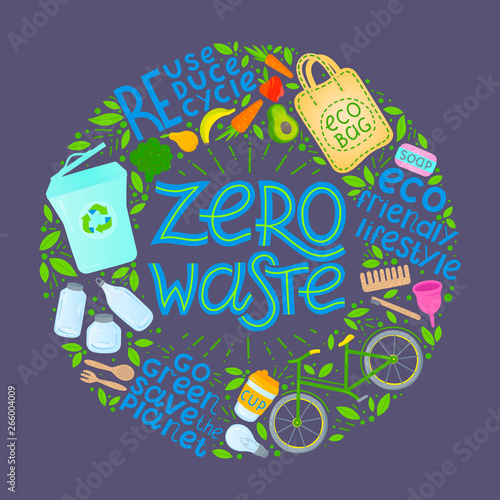Zero waste concept.Vector illustration with hand drawn lettering,eco grocery bag,vegetables,fruits,bicycle,glass jars,wooden cutlery,comb and toothbrush,menstrual cup,thermo mug.Zero waste principals.