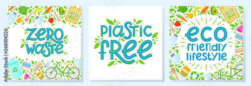 Set of zero waste vector illustrations with lettering.Healthy lifestyle principals.Perfect for prints,flyers,banners,eco posters,covers,typography design and more.Live green, go to zero waste.