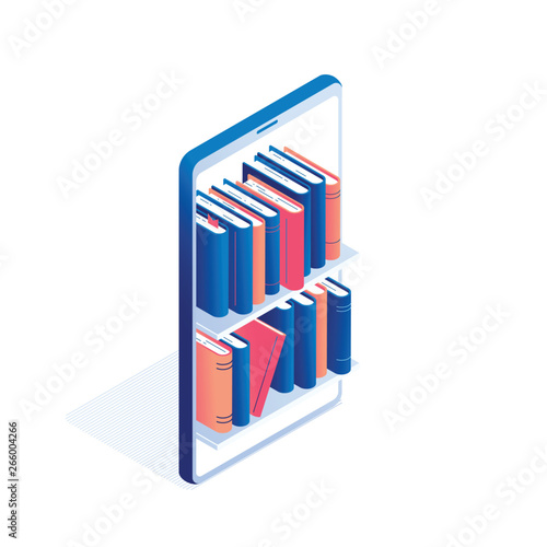 Online education or electronic book reading isometric concept.