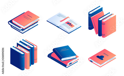 Isometric book vector illustration set - isolated closed and open paper literature or diary.