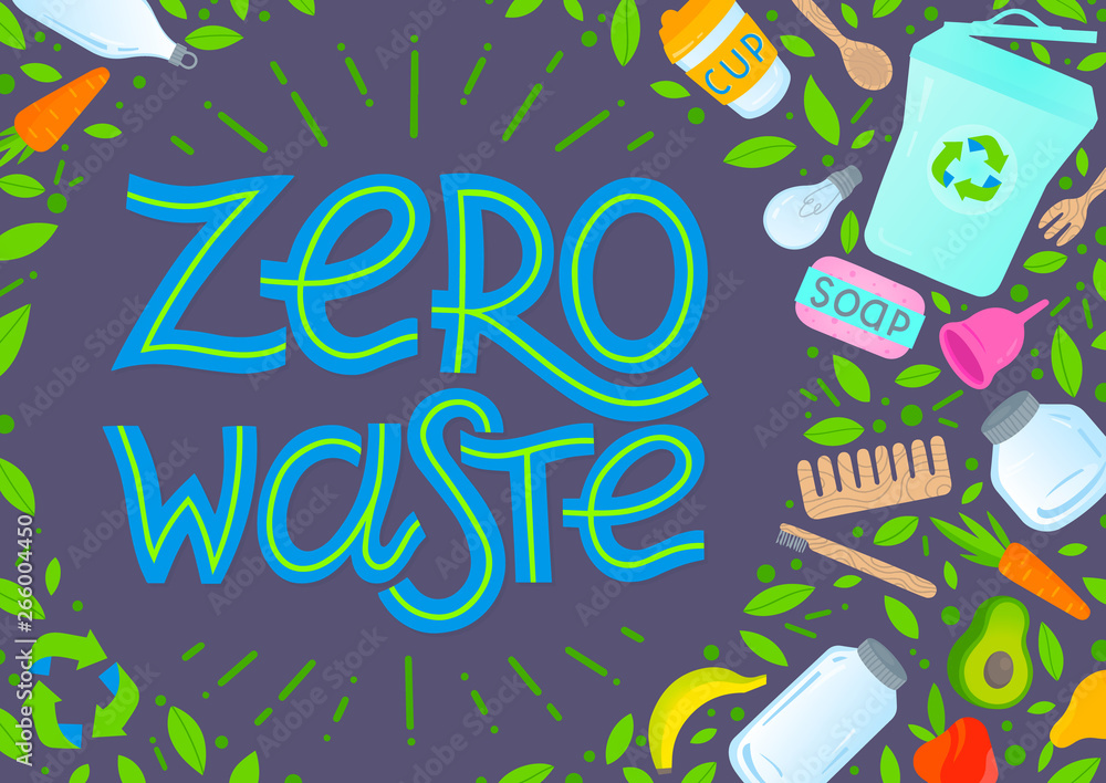 Obraz premium Zero waste concept.Vector illustration with lettering,vegetables,fruits,garbage can,glass jars,wooden cutlery,comb and toothbrush,menstrual cup,thermo mug.Round composition.Zero waste principals.
