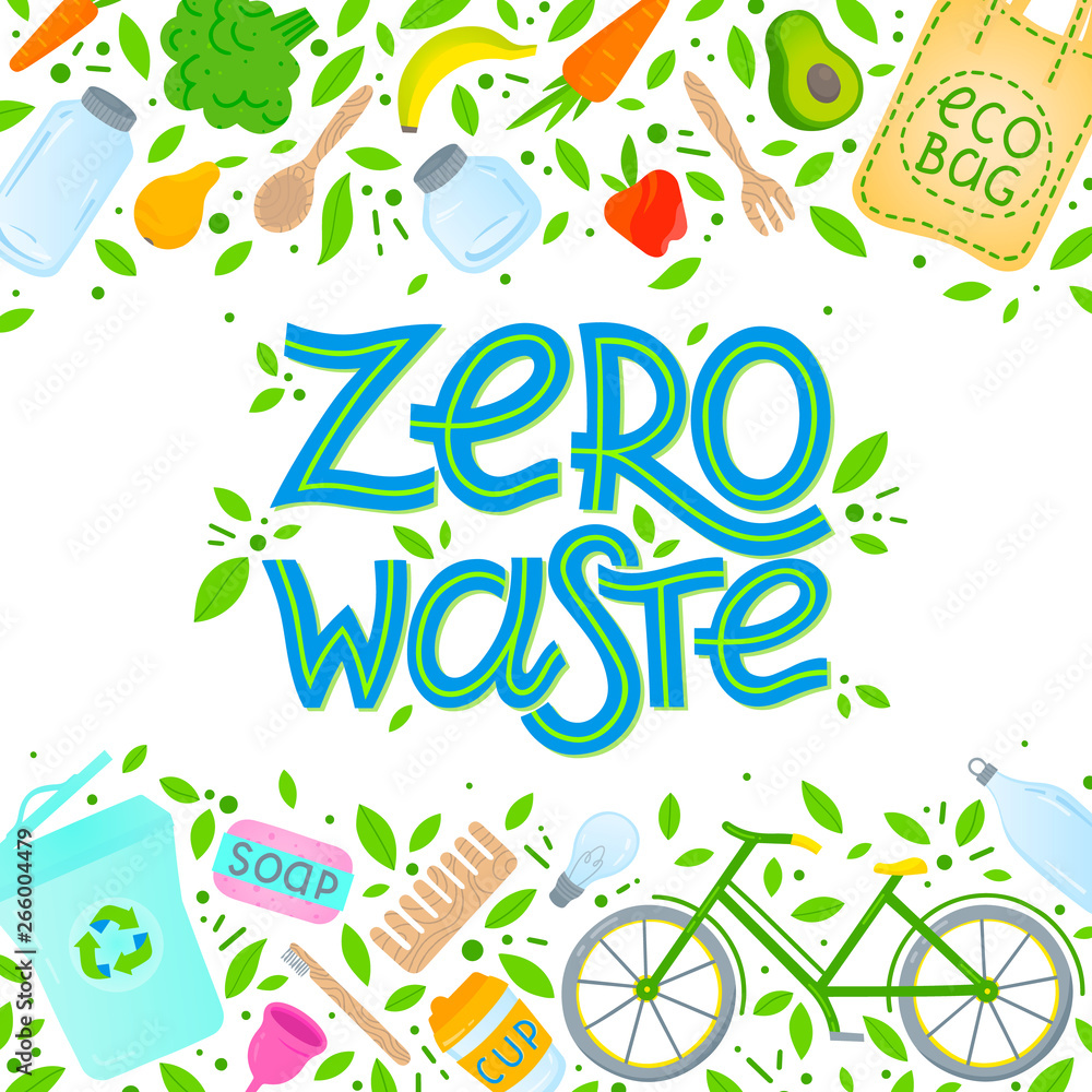 Zero waste concept.Vector illustration with hand drawn lettering,eco grocery bag,vegetables,fruits,bicycle,glass jars,wooden cutlery,comb and toothbrush,menstrual cup,thermo mug.Zero waste principals. Zero waste concept.Vector illustration with hand drawn lettering,eco grocery bag,vegetables,fruits,bicycle,glass jars,wooden cutlery,comb and toothbrush,menstrual cup,thermo mug.Zero waste principals.