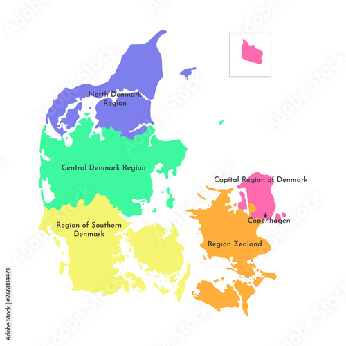 Vector isolated illustration of simplified administrative map of Denmark. Multi colored silhouettes