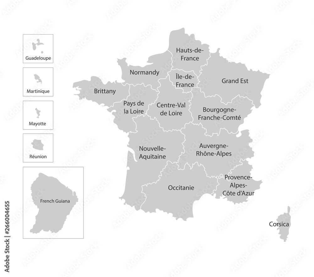 Vector isolated illustration of simplified administrative map of France. Borders and names of the regions.