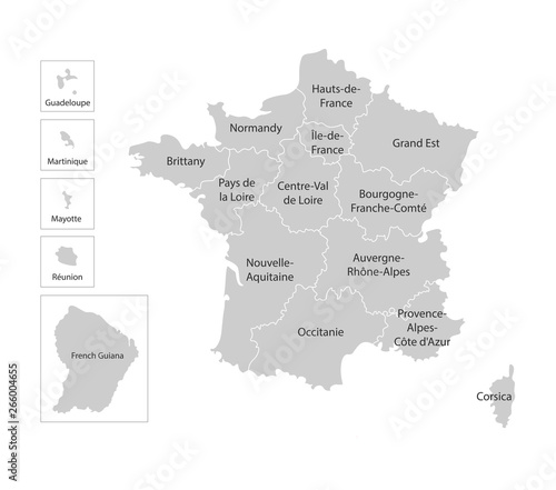 Vector isolated illustration of simplified administrative map of France. Borders and names of the regions.