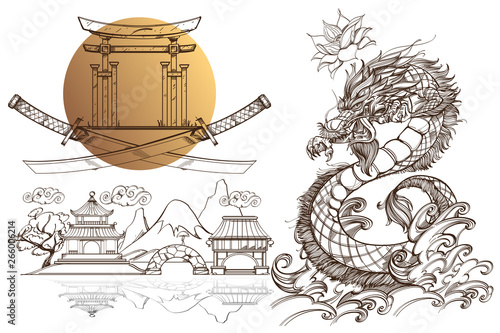 A set of outline black and white illustrations with sketches of tattoos on the theme of the Japanese fanart.