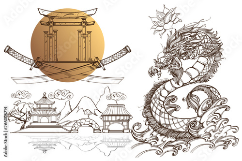 A set of outline black and white illustrations with sketches of tattoos on the theme of the Japanese fanart. photo