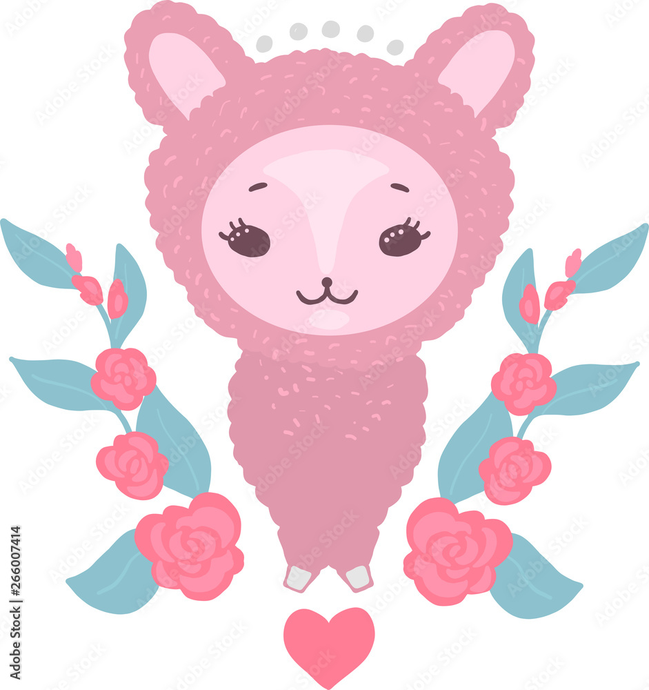 Cute little lama, alpaca character with flowers cartoon doodle vector illustration isolated on white background Cute little lama, alpaca character with flowers cartoon doodle vector illustration isolated on white background