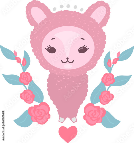 Cute little lama, alpaca character with flowers cartoon doodle vector illustration isolated on white background
