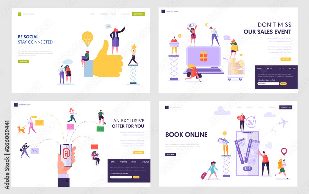 Naklejka Social Network, Online Shopping, Electronic Mail Service, Book Tickets in Internet Website Landing Page Templates Set. People Use Smart Tech in Life. Web Page. Cartoon Flat Vector Illustration, Banner