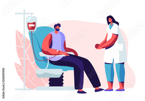 Female Nurse Character Receiving Blood and Giving Rubber Ball to Male Donor Sitting in Medical Chair. Healthcare and Charity. Transfusion Blood Donation Laboratory. Cartoon Flat Vector Illustration
