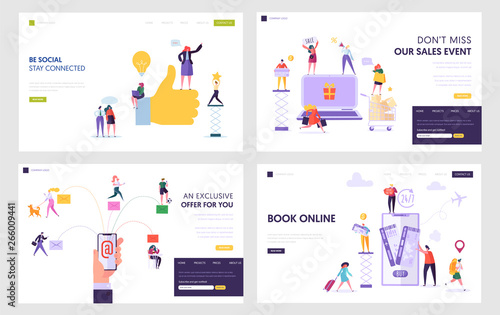 Social Network, Online Shopping, Electronic Mail Service, Book Tickets in Internet Website Landing Page Templates Set. People Use Smart Tech in Life. Web Page. Cartoon Flat Vector Illustration, Banner