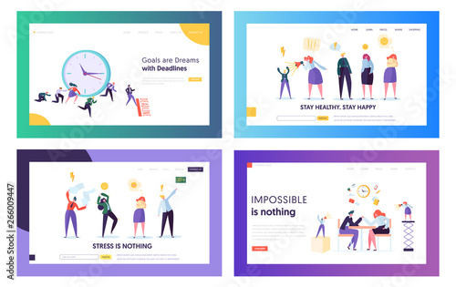 Stressed Hardworking Business People in Office Website Landing Page Templates Set. Employees Frustrated about Deadline, Working Hard in Lack of Time Web Page. Cartoon Flat Vector Illustration, Banner