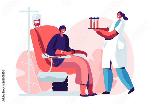 Woman Donate Blood, Nurse Character Carrying Test Tubes with Lifeblood. Female Donor Sitting in Medical Chair. Healthcare, Charity. Transfusion, Donation Laboratory. Cartoon Flat Vector Illustration