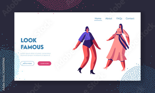 Fashion Show Event Website Landing Page. Young Girls in Trendy Look Walking on Catwalk Demonstrating New Collection of Modern Clothing, Runway Web Page. Cartoon Flat Vector Illustration, Banner
