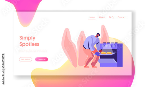 Household Man Baking Pies in Oven on Kitchen Website Landing Page, Cooking Male Character Homework on Weekend. Duties and Chores, Every Day Routine Web Page. Cartoon Flat Vector Illustration, Banner