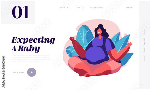 Happy Pregnant Relaxed Woman with Big Belly Sit in Lotus Pose Doing Yoga Asana. Female Character Waiting Baby, Happy Pregnancy Website Landing Page, Web Page. Cartoon Flat Vector Illustration, Banner