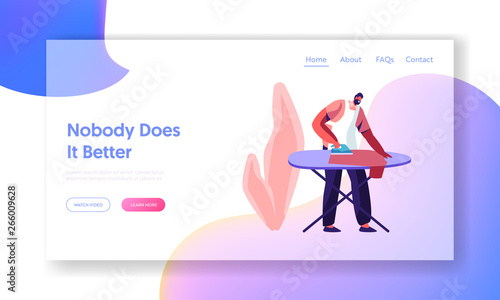 Household Male Character Housekeeping Process. Website Landing Page. Everyday Routine of Duties and Chores, Houseworking Man Ironing Clothing Web Page. Cartoon Flat Vector Illustration, Banner