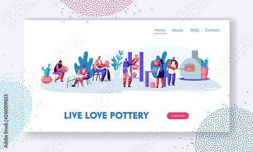 Pottery Workshop Website Landing Page. Characters Making and Decorating Pots, Earthenware, Ceramic Crockery, Group of People Enjoying Their Hobby Web Page. Cartoon Flat Vector Illustration, Banner