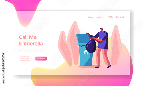 Man at Household Activities Website Landing Page, Male Character Cleaning Home Throw Garbage into Recycling Container. Housekeeping Duties and Chores Web Page. Cartoon Flat Vector Illustration, Banner