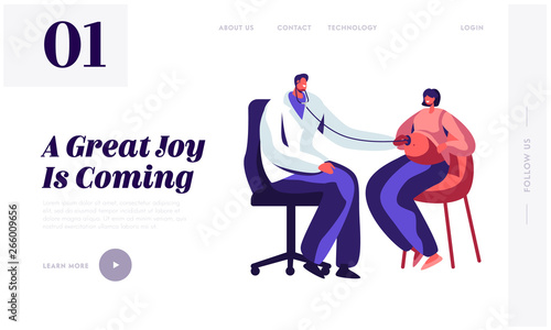 Pregnant Woman at Doctor Appointment in Clinic Website Landing Page. Male Doctor Character Listening Baby Heart Beating Put Stethoscope on Belly Web Page. Cartoon Flat Vector Illustration, Banner