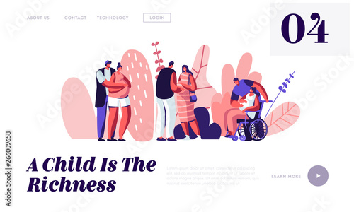 Happy Couples Wait Baby. Healthy and Disabled Pregnant Female Characters with Husbands. Girl on Wheelchair. Maternity, Family. Website Landing Page, Web Page. Cartoon Flat Vector Illustration, Banner