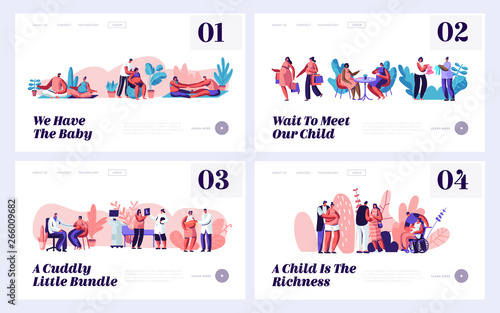 Pregnancy and Family Waiting Baby Website Landing Page Templates Set. Happy Couples Prepare Become Parents, Visiting Doctor, Exercising, Meet Friends Web Page. Cartoon Flat Vector Illustration, Banner