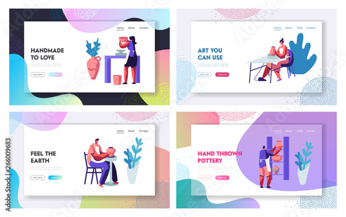 Pottery Manufacturing Website Landing Page Templates Set. Artists Create Fireclay Earthenware, Crockery, Pots Using Wheel. Decorative Arts and Crafts Web Page. Cartoon Flat Vector Illustration, Banner